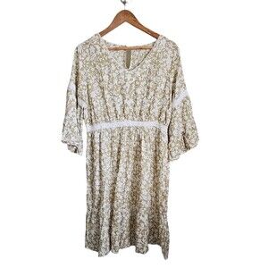 Bohemian floral tan and white bell sleeve a- line midi dress nwt